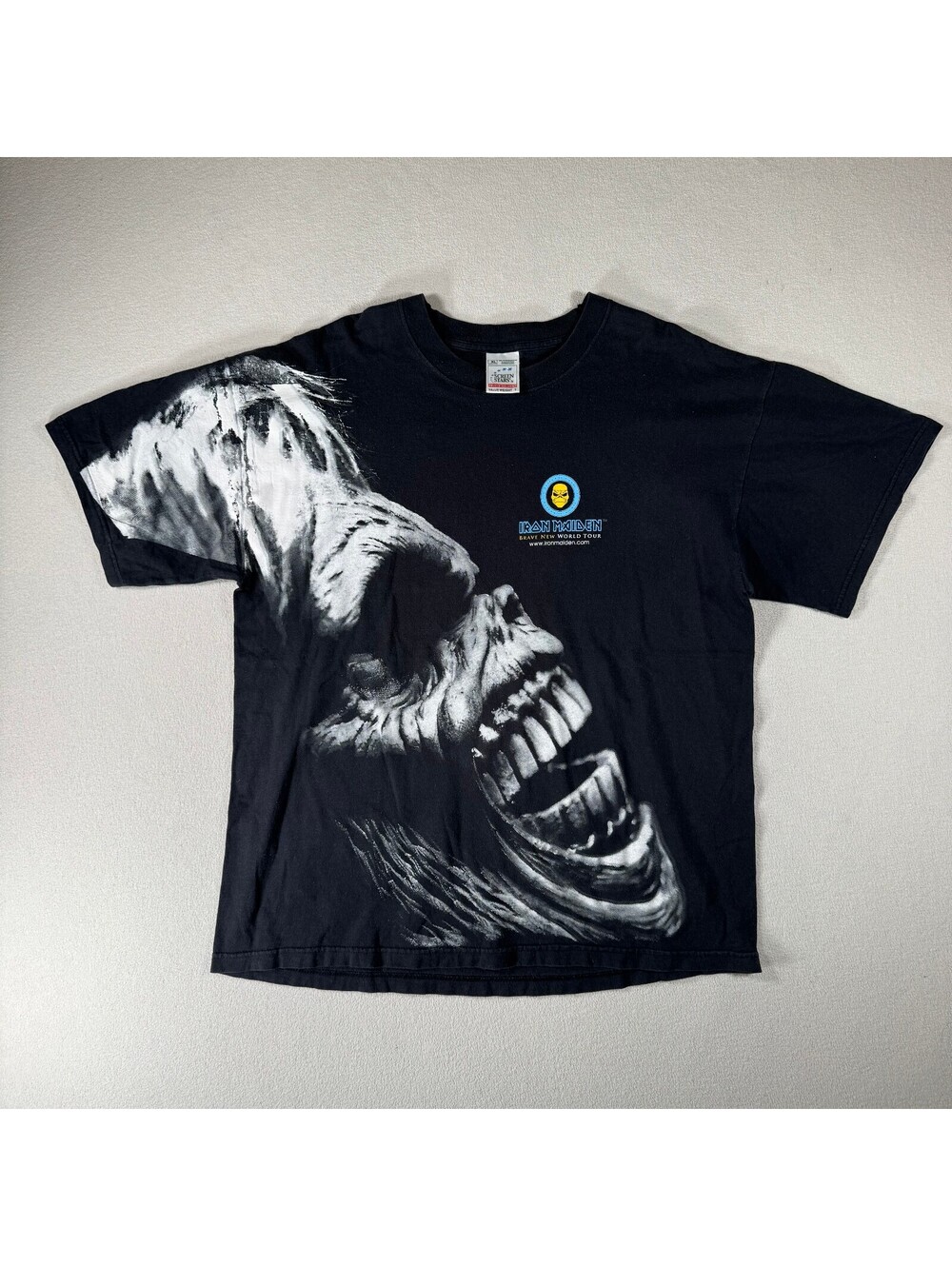 Vintage 90s Iron Maiden Brave New World Tour Black Graphic T-Shirt XL Eddie AOP